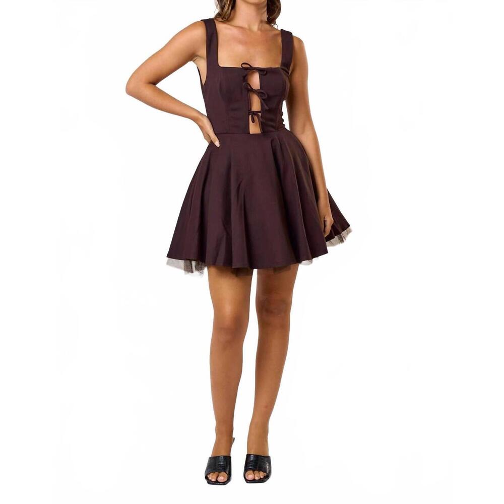 NEW BLUE BLUSH tie front square neck flared mini dress in brown - Picture 4 of 4